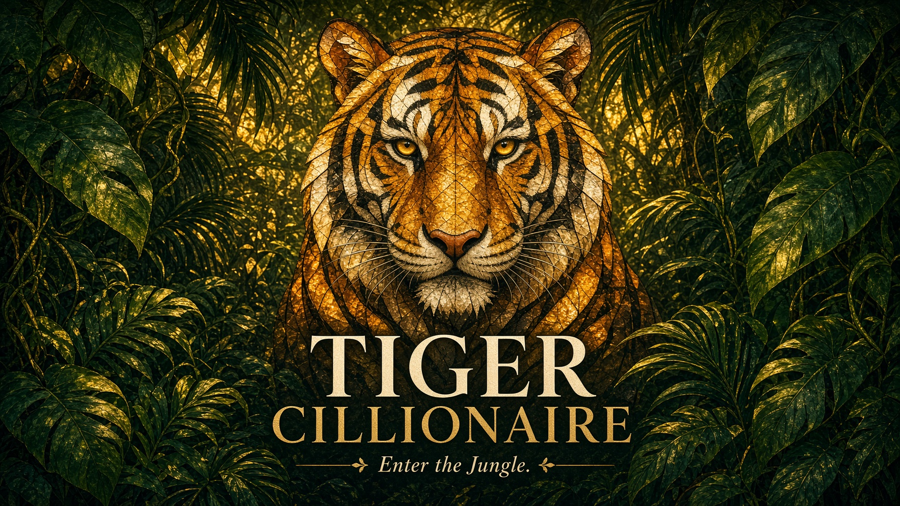Illustrated mosaic tiger sitting among jungle leaves