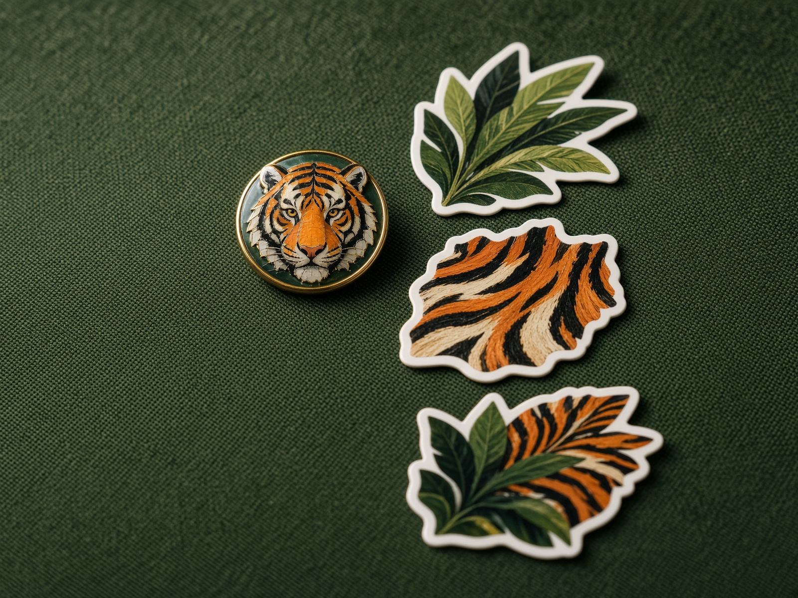 Enamel tiger pin and sticker pack on green linen